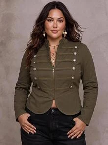 SHEIN CURVE+ Women's Plus Size Street Fashion Long Sleeve Zipper Double-Breasted Jacket Fall - Army Green - View 1
