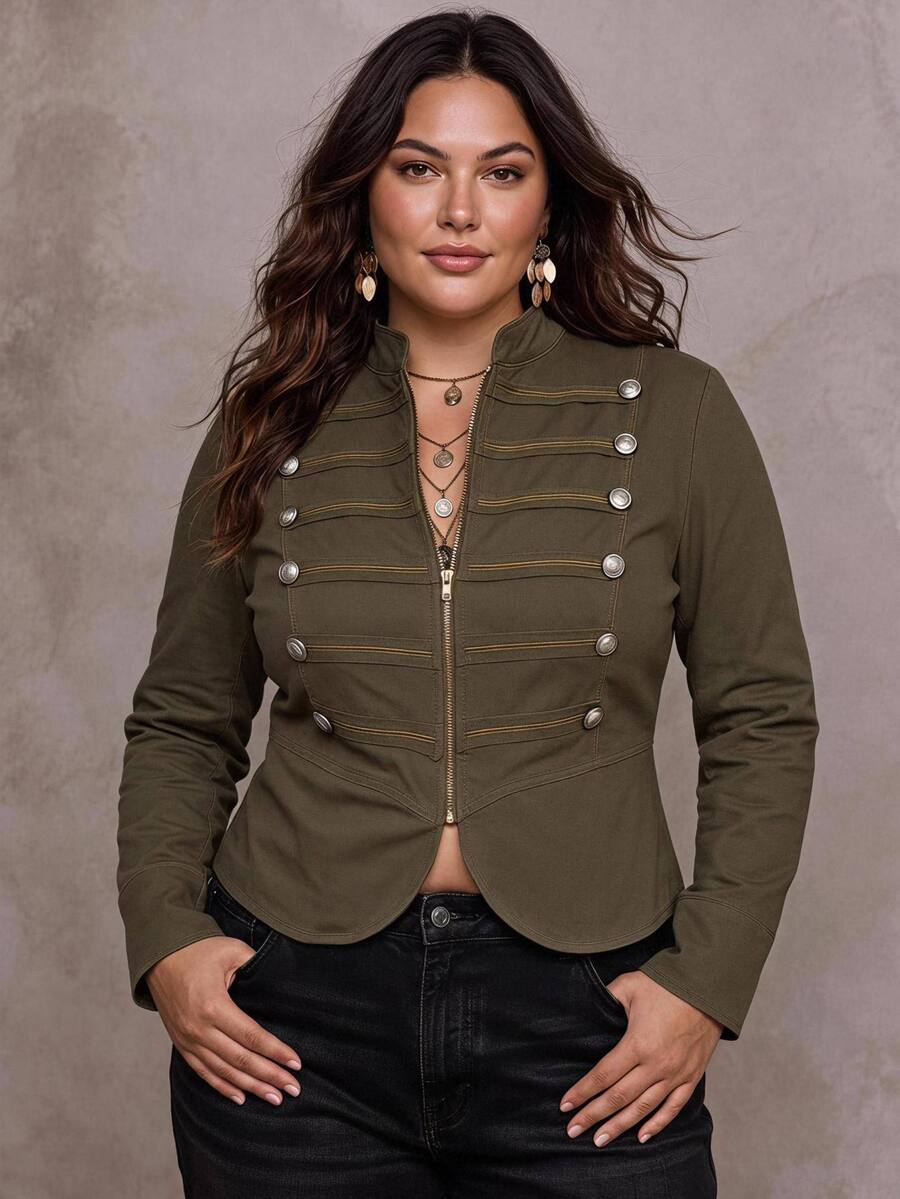 SHEIN CURVE+ Women's Plus Size Street Fashion Long Sleeve Zipper Double-Breasted Jacket Fall - Army Green - View 1