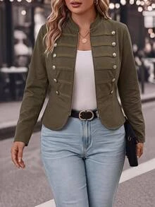 SHEIN CURVE+ Women's Plus Size Street Fashion Long Sleeve Zipper Double-Breasted Jacket Fall - Army Green - View 8