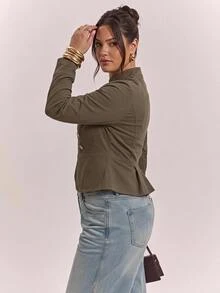 SHEIN CURVE+ Women's Plus Size Street Fashion Long Sleeve Zipper Double-Breasted Jacket Fall - Army Green - View 3
