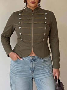 SHEIN CURVE+ Women's Plus Size Street Fashion Long Sleeve Zipper Double-Breasted Jacket Fall - Army Green - View 5