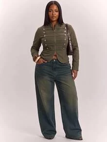 SHEIN CURVE+ Women's Plus Size Street Fashion Long Sleeve Zipper Double-Breasted Jacket Fall - Army Green - View 2