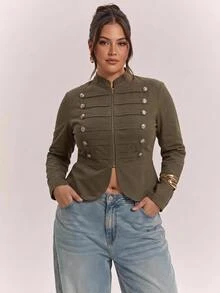 SHEIN CURVE+ Women's Plus Size Street Fashion Long Sleeve Zipper Double-Breasted Jacket Fall - Army Green - View 4