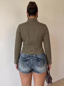 SHEIN CURVE+ Women's Plus Size Street Fashion Long Sleeve Zipper Double-Breasted Jacket Fall - Army Green - View 7