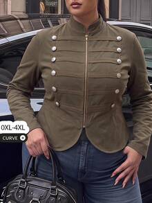 SHEIN CURVE+ Women's Plus Size Street Fashion Long Sleeve Zipper Double-Breasted Jacket Fall - Army Green - View 6