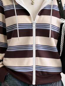 SHEIN EZwear 女款復古學院風條紋連帽衛衣，秋冬新品，彩色條紋印花，單拉鍊夾克衛衣，戶外休閒度假穿搭 - 彩色 - 查看 4