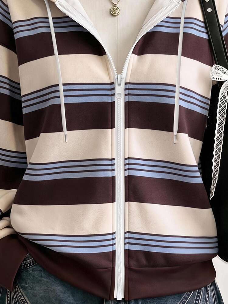 SHEIN EZwear Women's Vintage Collegiate Style Striped Sweatshirt, Autumn/Winter New Arrival, Women's Hooded Striped Sweatshirt, Colorful Striped Print, Single Zipper Jacket Sweatshirt, Outdoor, Holiday Outfit, Women's Single Zipper Jacket Sweatshirt - Multicolor - View 4
