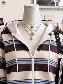 SHEIN EZwear 女款復古學院風條紋連帽衛衣，秋冬新品，彩色條紋印花，單拉鍊夾克衛衣，戶外休閒度假穿搭 - 彩色 - 查看 3