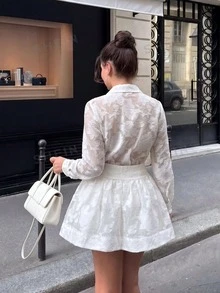 Modelyn 女款梭織鏤空長袖開襟浪漫法式優雅通勤休閒兩件套 白色花卉 秋季度假早午餐茶會 - 白色 - 查看 2