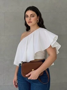 Anewsta Plus Size Women's New Summer Casual Asymmetrical Shoulder Blouse Asymmetric Ruffle Hem Solid Color Elegant Top Suitable For Daily Wear Vacation Commute - White - View 8