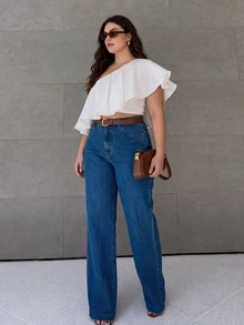 Anewsta Plus Size Women's New Summer Casual Asymmetrical Shoulder Blouse Asymmetric Ruffle Hem Solid Color Elegant Top Suitable For Daily Wear Vacation Commute - White - View 4