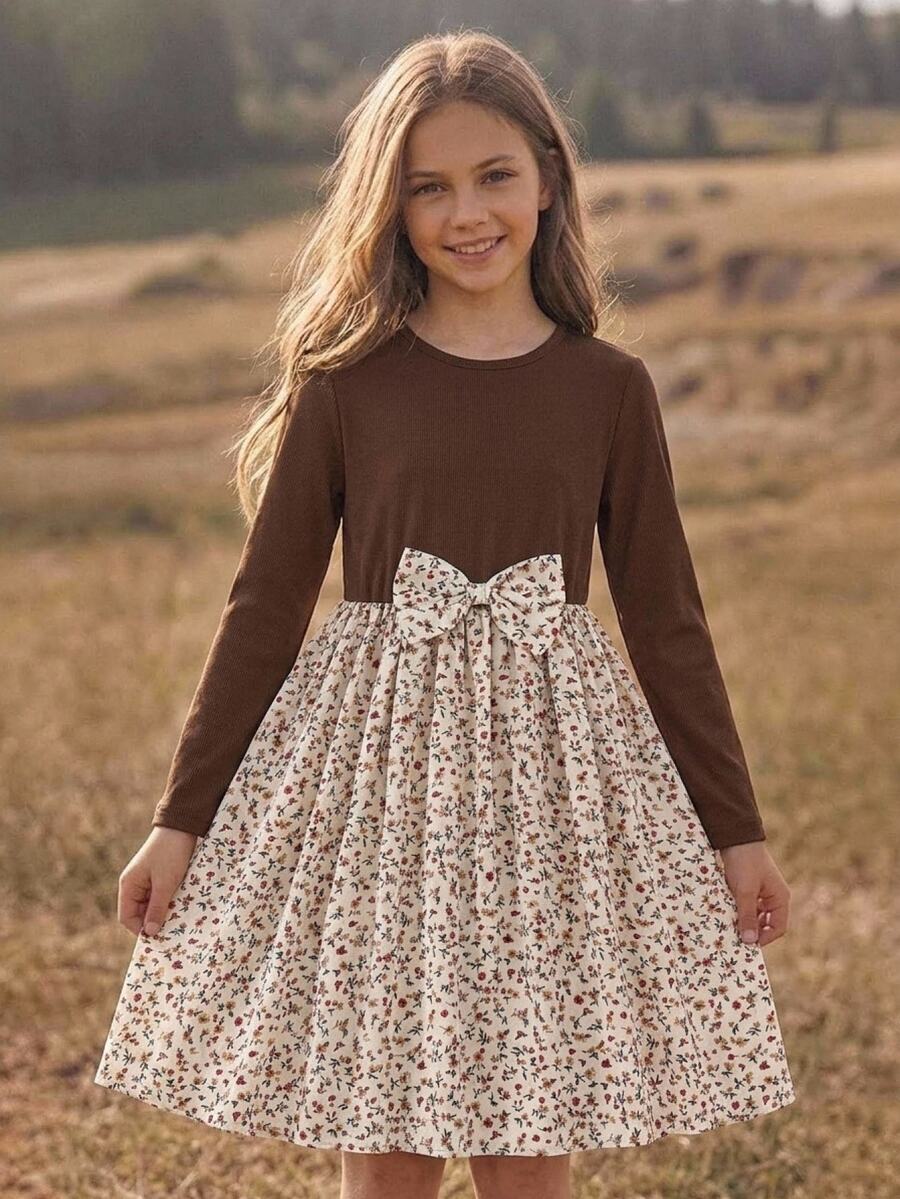SHEIN Tween Girl Fashion Round Neck Long Sleeve Knitted Patchwork Print Bow Design Dress - Multicolor - View 1