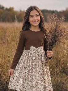 SHEIN 青少年女孩時尚圓領長袖針織拼接印花蝴蝶結設計洋裝 - 彩色 - 查看 3