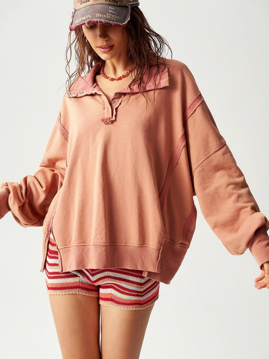 Bohemela Plus Size Casual Boho 80s Loose Split Hem Sweatshirt Autumn Formal Vacation Dusty Pink Coral - Orange - View 1