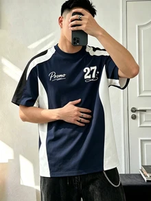 Manfinity Dauomo Men's Colorblock Racing Short Sleeve T-Shirt, Letter & Number 27 Print Crew Neck Tee, Casual Loose Fit Sporty Streetwear Summer Top - White - View 1