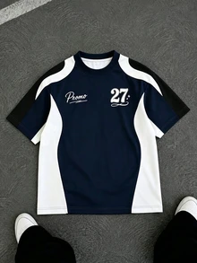 Manfinity Dauomo Men's Colorblock Racing Short Sleeve T-Shirt, Letter & Number 27 Print Crew Neck Tee, Casual Loose Fit Sporty Streetwear Summer Top - White - View 4