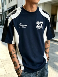 Manfinity Dauomo Men's Colorblock Racing Short Sleeve T-Shirt, Letter & Number 27 Print Crew Neck Tee, Casual Loose Fit Sporty Streetwear Summer Top - White - View 3