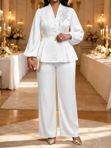 Fleurora Plus Size Button Embroidered Sequin Top And Loose Pants 2 Pieces Set - White - View 3