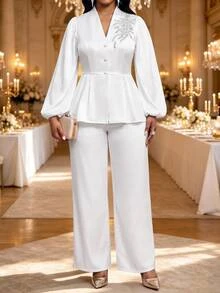 Fleurora Plus Size Button Embroidered Sequin Top And Loose Pants 2 Pieces Set - White - View 6