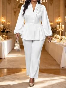 Fleurora Plus Size Button Embroidered Sequin Top And Loose Pants 2 Pieces Set - White - View 1