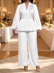 Fleurora Plus Size Button Embroidered Sequin Top And Loose Pants 2 Pieces Set - White - View 5