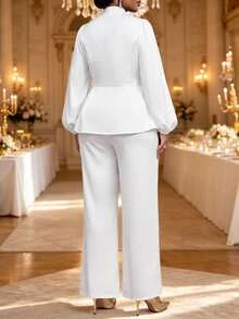 Fleurora Plus Size Button Embroidered Sequin Top And Loose Pants 2 Pieces Set - White - View 2