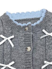 SHEIN Tween Girls' Contrast Color Round Neck Cardigan With Ruffled Hem, Multiple Bows, Cable Knit And Single-Breasted Buttons - Light Grey - View 6