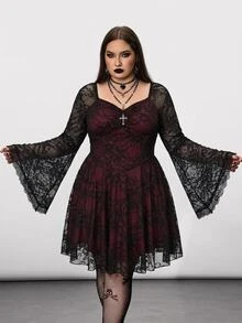 SHEIN CURVE+ 加大码方领褶饰蕾丝喇叭袖撞色哥特连衣裙、Y2K 派对连衣裙、万圣节服装、女巫吸血鬼连衣裙 - 彩色 - 查看 2