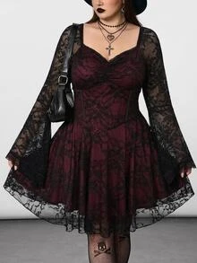 SHEIN CURVE+ 加大码方领褶饰蕾丝喇叭袖撞色哥特连衣裙、Y2K 派对连衣裙、万圣节服装、女巫吸血鬼连衣裙 - 彩色 - 查看 6