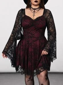 SHEIN CURVE+ 加大码方领褶饰蕾丝喇叭袖撞色哥特连衣裙、Y2K 派对连衣裙、万圣节服装、女巫吸血鬼连衣裙 - 彩色 - 查看 4