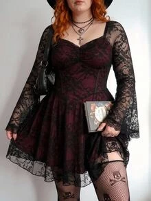 SHEIN CURVE+ 加大码方领褶饰蕾丝喇叭袖撞色哥特连衣裙、Y2K 派对连衣裙、万圣节服装、女巫吸血鬼连衣裙 - 彩色 - 查看 10