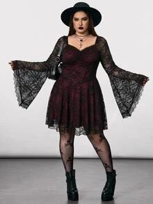 SHEIN CURVE+ 加大码方领褶饰蕾丝喇叭袖撞色哥特连衣裙、Y2K 派对连衣裙、万圣节服装、女巫吸血鬼连衣裙 - 彩色 - 查看 3
