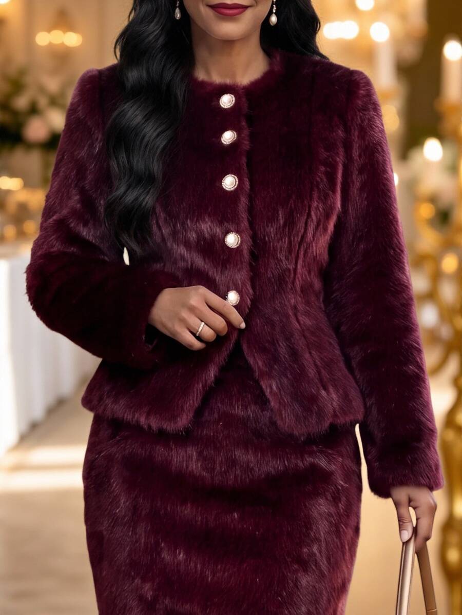 Fleurora Plus Size Women Solid Color Fashion Versatile Winter Faux Fur Coat - Burgundy - View 1