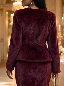 Fleurora Plus Size Women Solid Color Fashion Versatile Winter Faux Fur Coat - Burgundy - View 3
