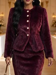 Fleurora Plus Size Women Solid Color Fashion Versatile Winter Faux Fur Coat - Burgundy - View 6