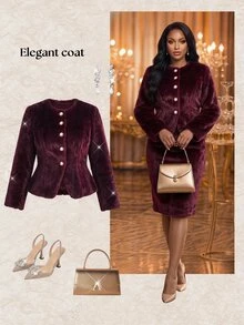 Fleurora Plus Size Women Solid Color Fashion Versatile Winter Faux Fur Coat - Burgundy - View 4