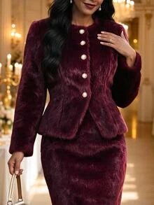 Fleurora Plus Size Women Solid Color Fashion Versatile Winter Faux Fur Coat - Burgundy - View 5