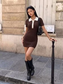 TRNVIE Women's Colorblock Polo Collar Short Sleeve Casual Knit Dress - Coffee Brown - View 6