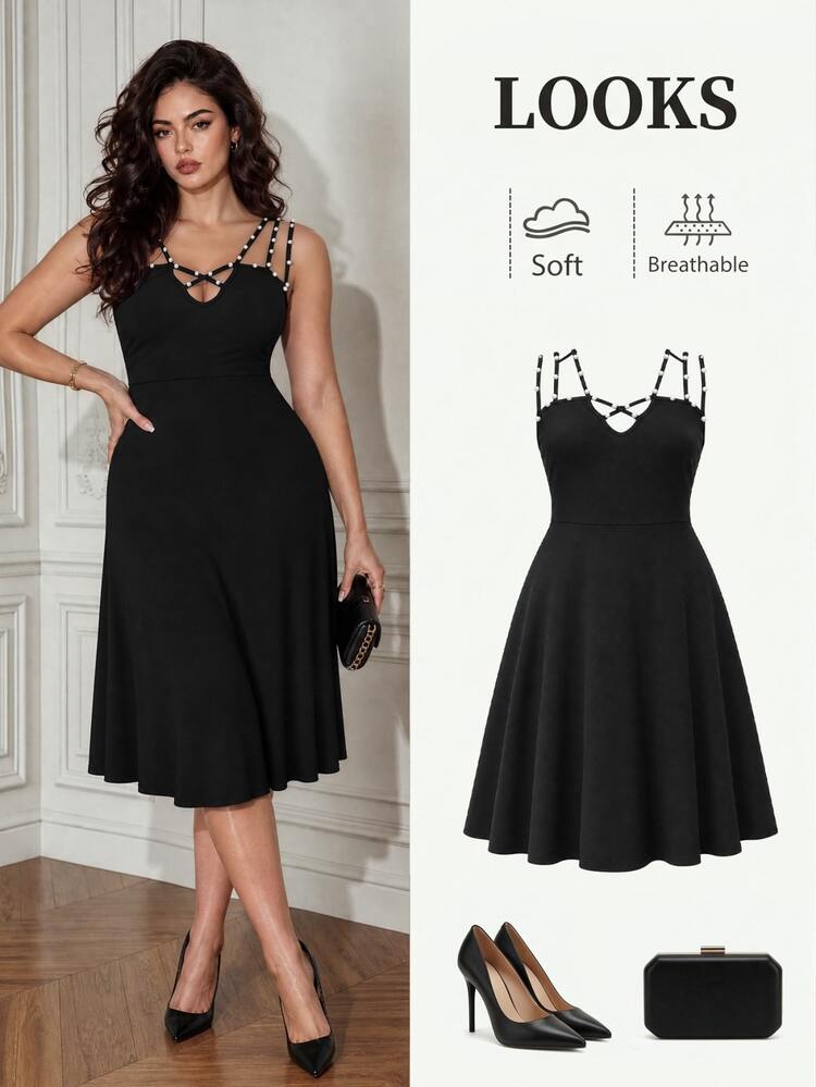 GlowEve CURVE Plus Size Women Solid Color Faux Pearl Decor Elegant Sleeveless Dress - Black - View 3