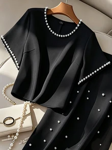 Formidée Plus Size Pearl Decor Round Neck Short Sleeve Top And Skirt 2 Pieces Set - Black - View 10