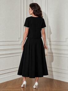 Formidée Plus Size Pearl Decor Round Neck Short Sleeve Top And Skirt 2 Pieces Set - Black - View 2