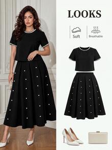 Formidée Plus Size Pearl Decor Round Neck Short Sleeve Top And Skirt 2 Pieces Set - Black - View 3