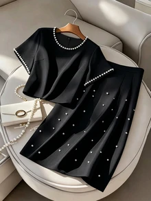 Formidée Plus Size Pearl Decor Round Neck Short Sleeve Top And Skirt 2 Pieces Set - Black - View 5