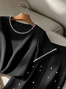 Formidée Plus Size Pearl Decor Round Neck Short Sleeve Top And Skirt 2 Pieces Set - Black - View 6