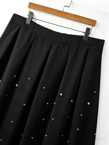 Formidée Plus Size Pearl Decor Round Neck Short Sleeve Top And Skirt 2 Pieces Set - Black - View 8