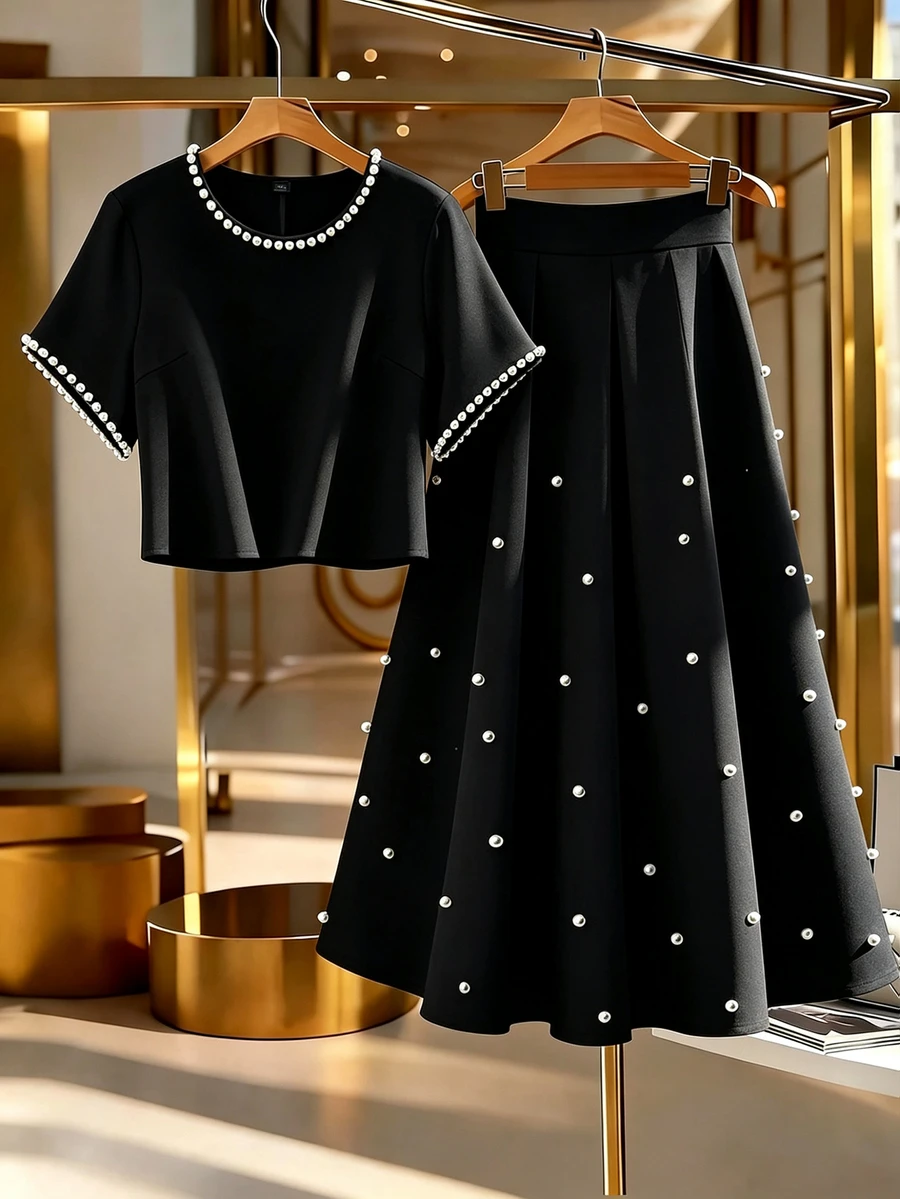 Formidée Plus Size Pearl Decor Round Neck Short Sleeve Top And Skirt 2 Pieces Set - Black - View 1