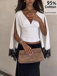 Siren Gaze 95% Cotton Women's Casual Deep V-Neck Fitted Blouse, Asymmetrical Sleeves, Lace Patchwork, Elegant, Autumn Top, Suitable For Daily Commute, Gatherings, Summer, Christmas, New Year, Thanksgiving, Parties, Weddings, Beach, Outings, Dates, Valentine's Day, Elegant, Vacation, Y2K - White - View 7