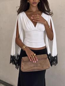 Siren Gaze 95% Cotton Women's Casual Deep V-Neck Fitted Blouse, Asymmetrical Sleeves, Lace Patchwork, Elegant, Autumn Top, Suitable For Daily Commute, Gatherings, Summer, Christmas, New Year, Thanksgiving, Parties, Weddings, Beach, Outings, Dates, Valentine's Day, Elegant, Vacation, Y2K - White - View 6
