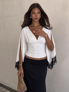 Siren Gaze 95% Cotton Women's Casual Deep V-Neck Fitted Blouse, Asymmetrical Sleeves, Lace Patchwork, Elegant, Autumn Top, Suitable For Daily Commute, Gatherings, Summer, Christmas, New Year, Thanksgiving, Parties, Weddings, Beach, Outings, Dates, Valentine's Day, Elegant, Vacation, Y2K - White - View 5