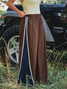 Voyena Women's Plus Size Colorblock Patchwork Sports Long Pants - Coffee Brown - View 2
